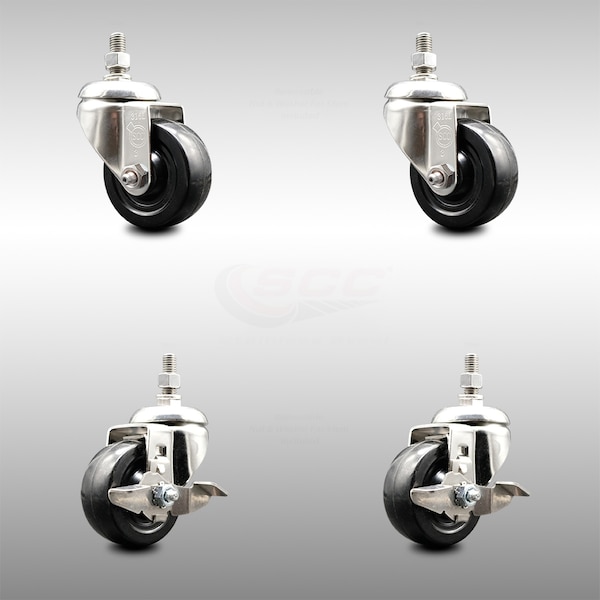 Service Caster 3 Inch 316SS Soft Rubber Wheel Swivel 10mm Threaded Stem Caster Brakes, 2PK SCC-SS316TS20S314-SRS-M1015-2-TLB-2 - main